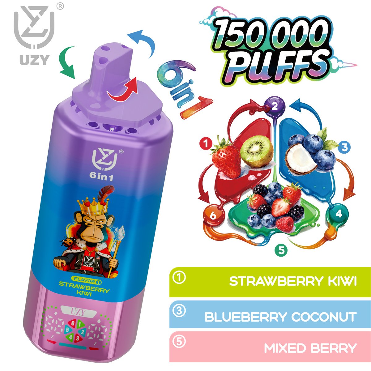 6 in 1 vape UZY 150K Disposable Vape 6-in-1 Multi Flavor Long Lasting Vape